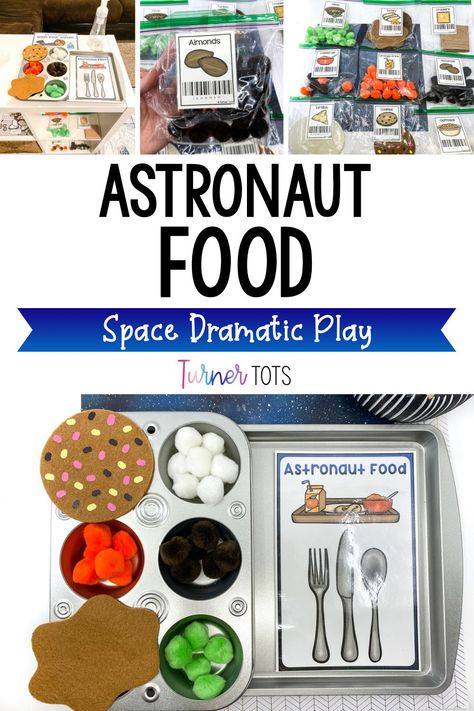 Need ideas for your space dramatic play center? Add astronaut food for preschoolers and toddlers to pretend to eat like astronauts in your space station. Check out more dramatic play ideas here. What Do Astronauts Eat In Space, Space Science Center Preschool, Preschool Space Dramatic Play, Living In Spaceship, Space Station Dramatic Play Printables Free, Space Dramatic Play Kindergarten, Spaceship Dramatic Play, Space Theme Dramatic Play, Space Dramatic Play Center