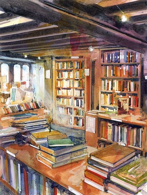 Bookstore Watercolor Painting, Bookshop Interior, Library Watercolor, Bookstore Interior, Architectural Perspective, Small Attic, Attic Renovation, Attic Storage, Attic Remodel