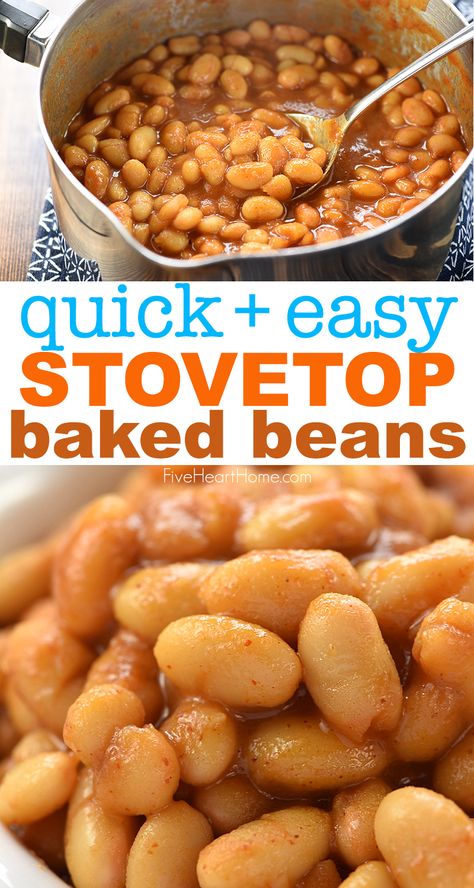 Quick Stovetop Baked Beans is a quick and easy, 5-ingredient recipe that dresses up canned white beans for a versatile dinnertime side dish! | FiveHeartHome.com #bakedbeans Cannellini Bean Recipes Side Dishes, Baked Butter Beans Recipe, Baked Pinto Beans Recipe, Baked White Beans Recipe, Stove Top Baked Beans Recipe, Baked Beans Recipe Easy Quick, Stovetop Baked Beans, Vegetarian Bean Recipes, Pork And Beans Recipe