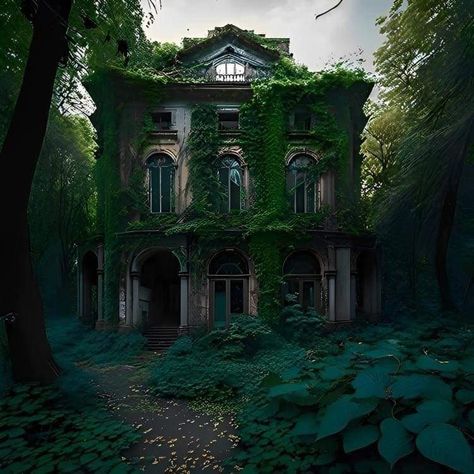 The abandoned house in the woods is a haunting yet breathtaking sight to behold. Cottage In The Woods Aesthetic, Abandoned Library, Eerie Places, Apocalypse Aesthetic, Abandoned House, Cottage In The Woods, Abandoned Mansions, Fright Night, Fantasy Adventure