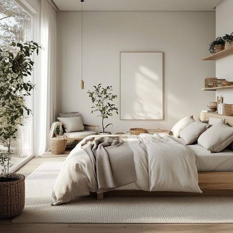 Skandi-Schlafzimmer: Hell, gemütlich und natürlich! 🌿 Diese skandinavische Schlafzimmer-Idee in hellen Tönen kombiniert natürliche Textilien, Pflanzen und Holz für eine warme, entspannte Atmosphäre. Perfekt für hyggeliges Design und natürliche Wohninspiration.  Scandi bedroom: bright, cozy and natural! 🌿 This Scandinavian bedroom idea in light tones combines natural textiles, plants and wood for a warm, relaxed atmosphere. Perfect for hyggelig design and natural living inspiration. Bedroom Bright, Scandi Bedroom, Cozy Bohemian, Scandinavian Bedroom, Natural Textiles, Dream Aesthetic, Bedroom Idea, Online Interior Design, Interior Design Portfolio