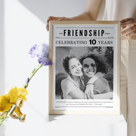 Our friendship newspaper template is a perfect way to celebrate anniversaries and Galentines, or as a thoughtful gesture when your friend needs a pick-me-up or simply because - friendship never needs an occasion AND doubles up as artwork afterwards ✌️ Template live in shop now. #bestiegifts #bestfriendappreciation #friendshipanniversary #bffs #friendsarethefamilyyouchoose #galentinesgiftideas #customgift #digitaltemplate #editabletemplates #newspapertemplate #personalisedgift #digitaldownlo... Friendship Anniversary, Galentines Gifts, Newspaper Template, Bestie Gifts, Our Friendship, Best Friend Birthday, Friend Birthday Gifts, Anniversary Celebration, Sentimental Gifts