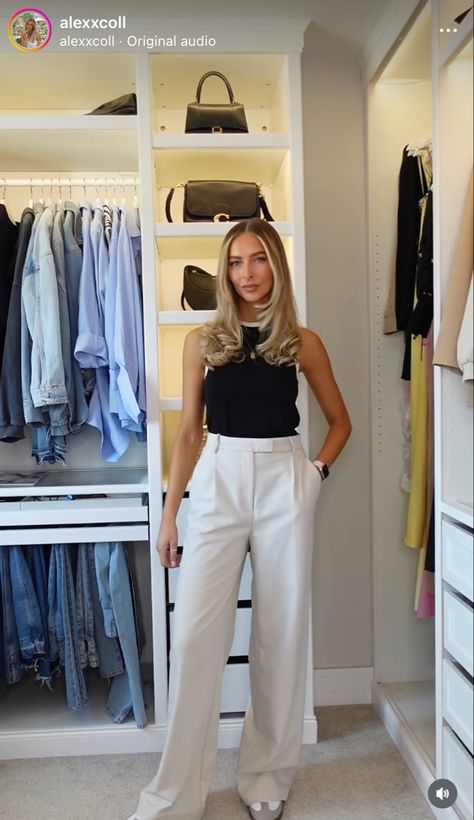 Styling Cream Trousers, Cream Zara Trousers Outfit, Casual Cream Trousers, Cream Wide-leg Pants For Day Out, Zara Beige Fitted Wide Leg Pants, Satin Trousers Outfit, Trousers Outfit Work, Cream Trousers Outfit, Beige Trousers Outfit