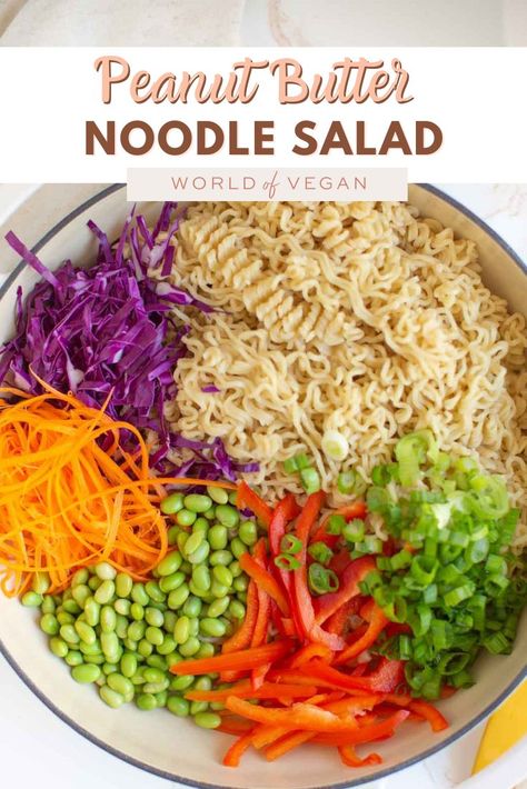 Protein-packed and budget-friendly, this peanut butter ramen noodle salad is a nutritious meal prep favorite! https://www.worldofvegan.com/peanut-butter-ramen-noodle/ Ramen Noodle Peanut Sauce, Healthy Noodle Meal Prep, Ramen Noodle Bowls, Peanut Butter Salad, Protein Pasta Salad, Tofu Ramen, Peanut Butter Ramen, Thai Peanut Noodles, Ramen Salad