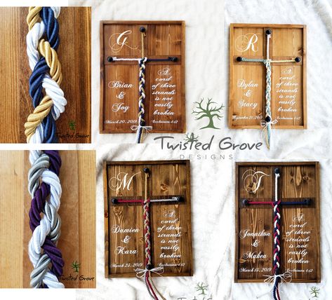 "This custom braided cross, unity wedding sign, otherwise know as God's knot, 'Eccl 4 12' or 'A cord of three strands', is the perfect personalized wedding sign alternative for your unity ceremony in placement of the unity candle or unity sand ceremony for a non traditional unity ceremony. It is a fitting piece to have at your vow renewal ceremony or anniversary party! It is also the perfect personalized Wedding gift, Anniversary gift, Valentines Day gift or simply a just because couples gift! I Unity Ceremony Braid, Ceremony Ideas Wedding, Ceremony Cross, Unity Ideas, Unity Cross, Wedding Cord, Cross Sign, Wedding Ceremony Unity, Unity Sand Ceremony