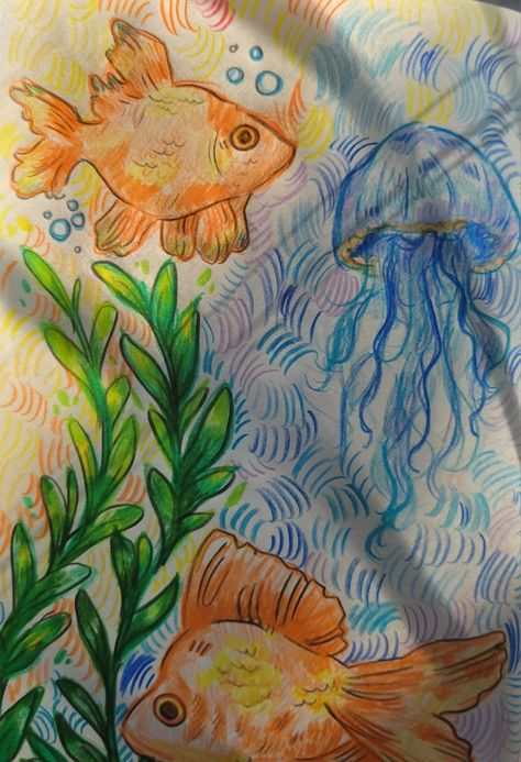 Ap Art Drawing Portfolio, Ocean Marker Drawing, Jellyfish How To Draw, Drawing Ideas Jellyfish, Aquatic Life Drawing, Drawing Ideas Creative Colorful, Fish Drawing Reference, Sketches Fish, Drawing Ideas Fish