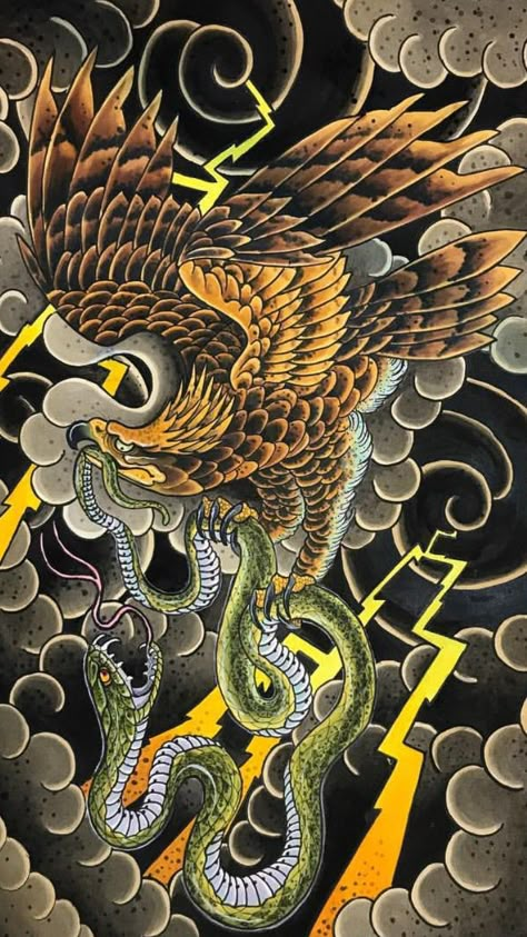 Mexican Eagle snake irezumi tattoo Eagle Vs Snake Tattoo Traditional, Japanese Eagle Tattoo Design, Eagle Snake Tattoo Traditional, Mexican Back Tattoos, Irezumi Tattoos Sleeve, Snake Eagle Tattoo, Japanese Eagle Tattoo, Eagle Snake Tattoo, Irezumi Snake