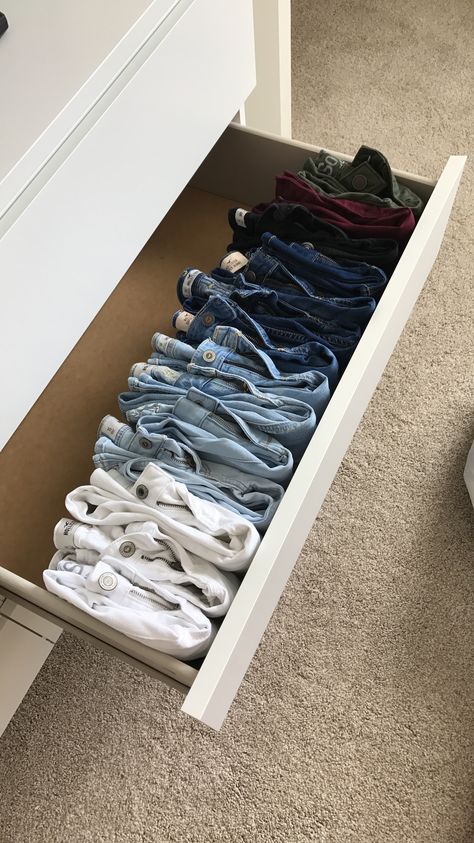 #jeans #draw #ikea #malm #organization #clothes #pants #outfits #clean #folded Draws Organization Clothes, Pant Drawer Organization, Clothes Draws Organization, Malm Dresser Organization, Dresser Clothes Organization, Pants Drawer Organization, Clothing Drawers Organisation, Organizing Aesthetic Bedroom, Malm Drawers Organization