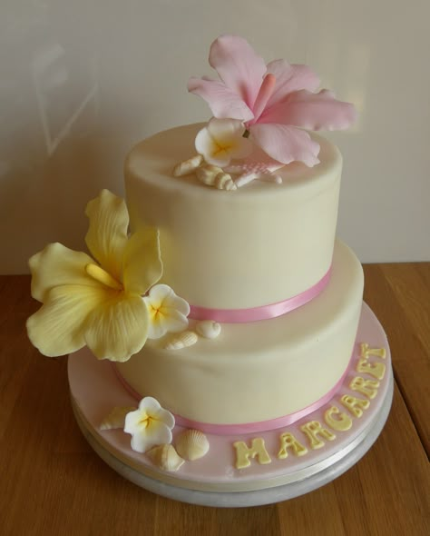 2 Tier Birthday Cake, with Hibiscus Flower Hibiscus Birthday Party, Beach Birthday Party Cake, Birthday Cake Ideas Two Tier, Two Tier Cake Birthday, Cake Ideas Beach, Summer Birthday Cakes, 16 Bday Cake, Birthday Cake 3 Tier, Hibiscus Flower Cake