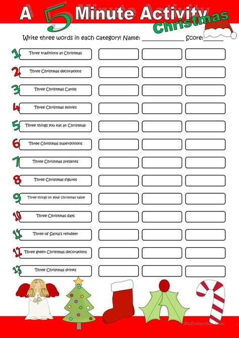 A 5 Minute Activity Christmas - English ESL Worksheets Classroom Meditation, 5 Minute Activity, Activities For High School Students, Free Printable Christmas Worksheets, Christmas Elementary, Activities For High School, Reto Mental, Christmas Games For Adults, Holiday Worksheets