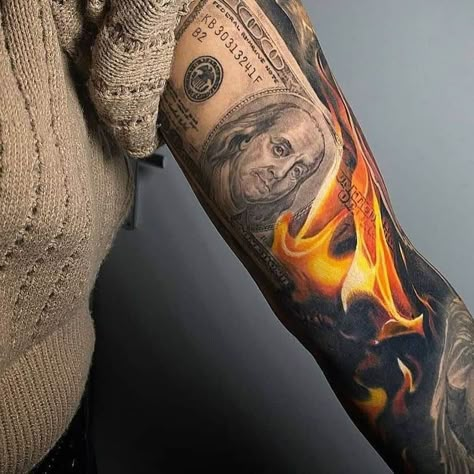 Fire Tattoo Sleeve Money Ink Dollar Tattoo, Neon Tattoo, Dragons Tattoo, Bright Tattoos, Saved Tattoo, Small Forearm Tattoos, Money Tattoo, Flame Tattoos, Fire Tattoo