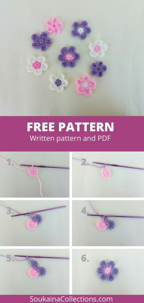 Crochet Flower Simple Pattern, Crochet Flower For Beginners, Free Small Crochet Flowers, Crochet Patterns Flowers Easy, Simple Crochet Flower Pattern, Crochet Flowers Simple, Small Simple Crochet Ideas, Small Flowers Crochet Pattern, Small Crocheted Flowers Free Pattern