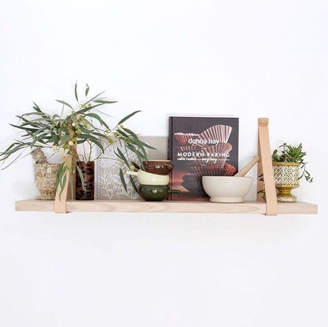 Our latest shelving range is so versatile...why not try a leather strap shelf in your kitchen/dining area? . . . . Available now through… Strap Shelves, Leather Strap Shelf, Leather Strap Shelves, Scandinavian Shelves, Black Toilet Paper, Timber Shelves, Tasmanian Oak, Nursery Shelves, Shelving Design