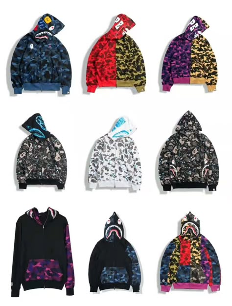 Can't sleep because you can't choose?  We can't, too!   The Bape Shark  Camo Hoodies comes in different colors that will up your street fashion to the next level and to suit your every day Sharkie moods.   #abathingape #bape #shark #sharkjacket #bapesshark #bapejacket #camo #camouflage #camojacket #bapecamo #camoshark #streetstyle #streetfashion Bape Camo Hoodie, Blue Bape Hoodie, Bape Shark Hoodie, Bape Jacket, Shark Jaw, Bape Outfits, Underground Clothing, Bape Shark, Bape Hoodie