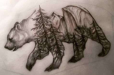 Bear With Trees Tattoo, Bear With Forest Tattoo, Mountain Animal Tattoo, Bear Side Profile Tattoo, Mountains And Bear Tattoo, Yosemite Tatoos, Bear And Tree Tattoo, Mountain And Bear Tattoo, Bear Tree Tattoo