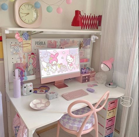 Kawaii Desk Setup Office, Hello Kitty Desk Setup, Sanrio Desk Setup, Eloise Bedroom, Sanrio Desk, Hello Kitty Desk, Hello Kitty Office, Desk Organizing