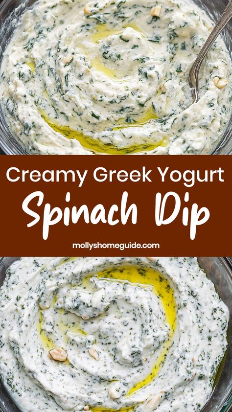 Indulge in a delightful and creamy snack with this easy-to-make Greek yogurt spinach dip recipe. Packed with flavors and nutrients, this healthy dip is perfect for parties, gatherings, or simply as a savory treat for yourself. The combination of tangy Greek yogurt and earthy spinach creates a balanced and satisfying taste that will surely be a hit with everyone. Whip up this nutritious dip in just minutes and serve it alongside your favorite vegetables, crackers, or pita chips. Cream Cheese Greek Yogurt Dip, Greek Yogurt Spinach Dip, Savory Yogurt Dip, Health Dips Recipes, What To Do With Greek Yogurt, Savory Greek Yogurt Recipes, Protein Snacks Savory, Greek Yogurt Recipes Dinner, Veggie Dip With Greek Yogurt