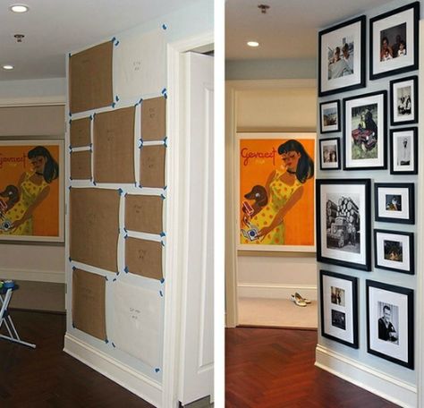 Space planning is the key to great interior design.  Save yourself time and frustration by avoiding the “trial and error” approach when hanging picture frames by laying it out first. Measure twice, nail once! From our Blog at Design Connection, Inc. | Kansas City Interior Design http://designconnectioninc.com/blog/ #PictureWall #InteriorDesign #DesignInspiration #PictureFrame Photo Gallery Wall Layout, Koti Diy, Gallery Wall Layout, Photo Wall Gallery, Wall Gallery, 인테리어 디자인, Picture Wall, Home Deco, Home Projects