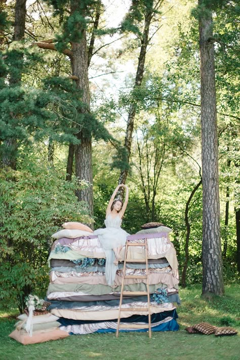 princess and the pea weddings - photo by Aleksandra Sashina http://ruffledblog.com/whimsical-fairy-tale-wedding-in-russia Princess And The Pea Photography, Prince Photoshoot Fairy Tales, Princess And The Pea Photo Shoot, Princess And The Pea Aesthetic, Russian Princess Aesthetic, Fairy Editorial, Storybook Photoshoot, Fairy Tale Photoshoot, Princess On The Pea