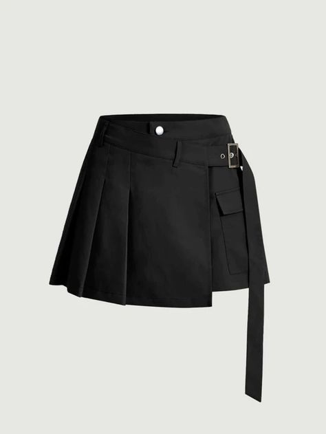 SHEIN MOD Flap Pocket Buckled Side Pleated Skirt | SHEIN USA Women Skirts, Fashion Design Clothes, Cute Skirts, Dark Fashion, Stage Outfits, Kpop Outfits, Look Cool, Skirt Outfits, Flap Pocket