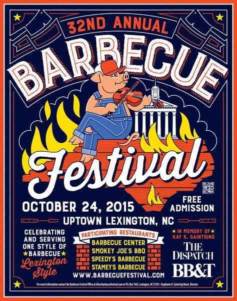 BBQ FESTIVAL TO BE HELD IN LEXINGTON, NC. MMM GOOD! ***Will someone pls remind me to order a poster...I'm not carrying one around ask day. Yuck! Restaurant Collateral, Festival Logo Ideas, Food Festival Logo, Bbq Poster, Burgers On The Grill, Bbq Festival, Lexington Nc, Slow Cooked Meat, Food Fest