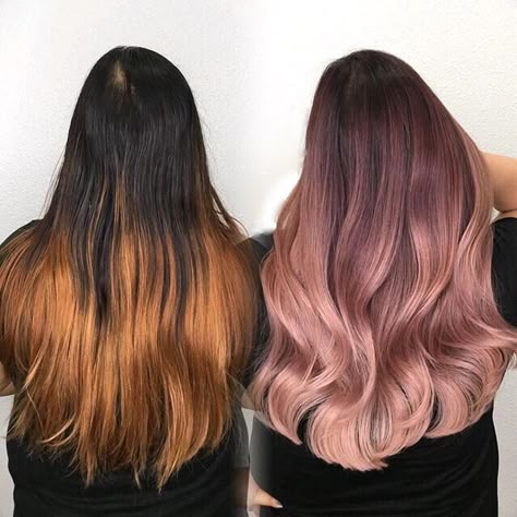 Brown To Rose Gold Balayage, Rose Gold Ombre Hair, Ombre Hair Brunette, Gold Ombre Hair, Balayage Hair Rose, Gold Balayage, Rose Gold Balayage, Rose Gold Ombre, Gold Hair Colors