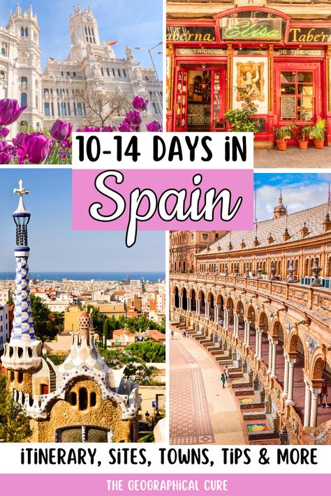 Pinterest pin graphic for ultimate Spain itinerary 10 Day Trip To Spain, Places To See In Spain, Best Places To Travel In Spain, What To Do In Spain, Spain Countryside, Spain Roadtrip, Spain Coast, Madrid Itinerary, Spain Seville