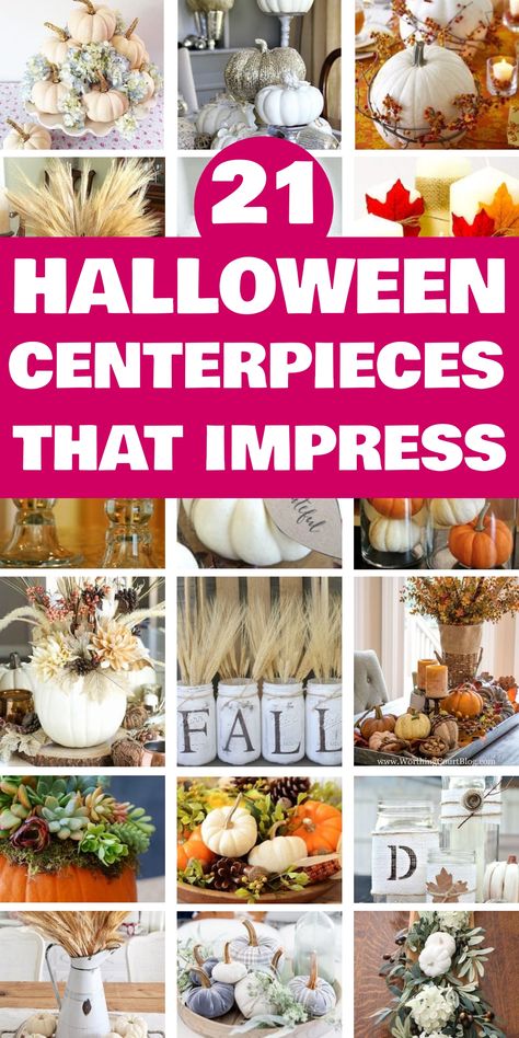 21 Halloween centerpieces featuring pumpkins, flowers, and seasonal decor. Easy Halloween Centerpieces, Halloween Centerpiece Ideas, Halloween Lights Diy, Wedding Table Centerpieces Diy, Rustic Fall Centerpieces, Halloween Centerpieces, Halloween Signs Diy, Simple Table Decorations, Farmhouse Table Centerpieces