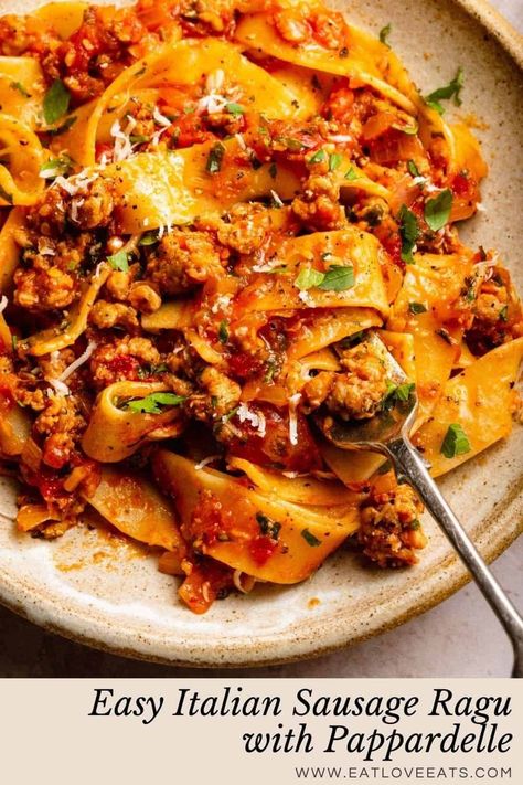 Pappardelle Pasta Dishes, Sausage Ragu Recipes, Pappardelle Recipes Sausage, Pappardelle With Italian Sausage, Parpadelle Pasta Recipes, Pappardelle With Sausage, Sausage Ragu Pasta, Italian Sausage Ragu, Papadeli Pasta Recipes