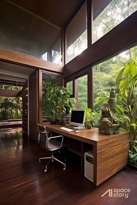 Tropical Study Room, Home Office Tropical, Jungle Office, Mac Desk, Monitor Setup, Space Story, Nusa Penida, Luxury Garden, Future House Ideas