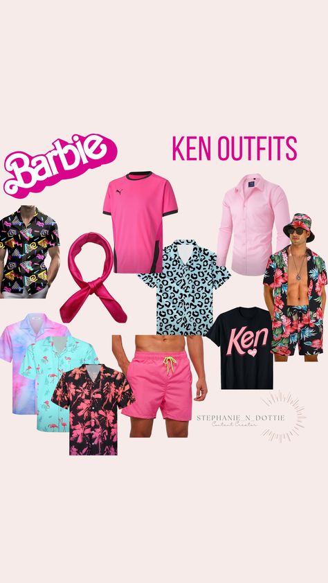 Barbie Party Ken Outfit ideas, Ken costume ideas, Barbie Party Ken,  Hawaiian shirt, mens leopard shirt, mens pink shirt, pink soccer shirt, pink dress shirt, ken shirt, ascot, ken ascot, Ken scarf, pink swim trunks, Beach Ken Outfit, Ken And Barbie Party Ideas, Ken Party Outfit, Barbie Theme Outfit For Men, Ken Outfits Halloween, Ken Aesthetic Outfit, Alan Barbie Costume, Black Barbie And Ken Costume Couple, Ken Themed Outfits