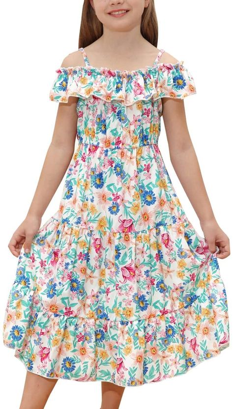 Amazon.com: Girls Summer Dress Off Shoulder Ruffle Floral Spaghetti Strap Casual Sundress Tiered Midi Dress : Clothing, Shoes & Jewelry Off Shoulder Casual Dress, Girls Midi, Colorful Floral Dress, Birthday Pic, Kids Summer Dresses, Girls Summer Dress, Casual Sundress, Dress Off Shoulder, Post Partum