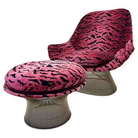 Warren Platner Easy Chair and Ottoman in Scalamandre Pink Tigre Fabric For Sale at 1stDibs Warren Platner Chair, Ottoman Vintage, Platner Chair, Saarinen Womb Chair, Warren Platner, Pink Furniture, Random Vintage, Tulip Chair, Design Collage