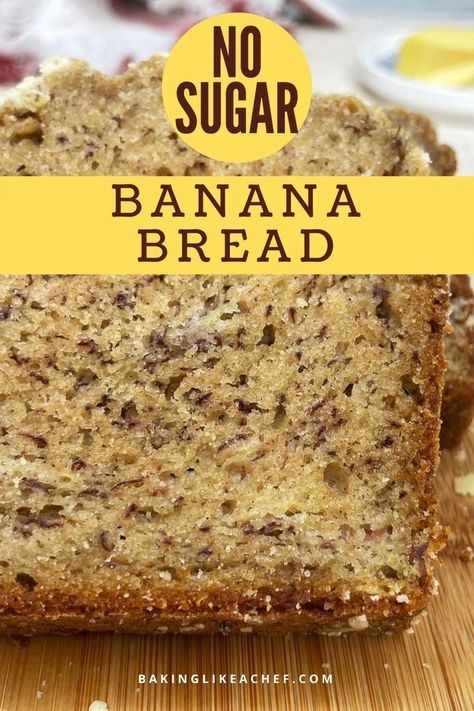 Sliced no-sugar-added banana bread on a wooden board No Yeast Banana Bread, Sugarless Bread Recipe, Sugar Free Bread Recipe, Banana Bread Recipe Sugar Free, Low Ingredient Banana Bread, Banana Recipes For Diabetics, Fit Banana Bread, No Sugar Banana Bread Recipe, Low Sugar Banana Bread Recipe