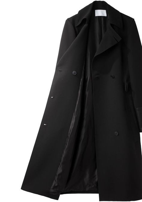 Double Breasted Long Coat, Black Wardrobe, Png Clothes, Long Black Coat, Outfit Plan, Long Sleeve Coat, Double Breasted Trench Coat, Long Trench, Long Trench Coat