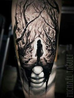 Creepy woods tattoo. Tatuaje Trash Polka, Wood Tattoo, Kunst Tattoos, Sick Tattoo, Scary Tattoos, Forest Tattoos, Geniale Tattoos, Halloween Tattoo, Horror Tattoo