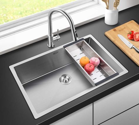 Overmount Kitchen Sink, Overmount Sink, Brown Kitchen Cabinets, Drop In Kitchen Sink, Sink Ideas, Brown Kitchens, Steel Kitchen Sink, Small Space Kitchen, Grey Kitchen Cabinets