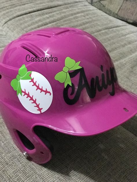 Girl pinks decorated softball helmet Softball Helmet Designs, Softball Helmet Decals, Baseball Helmet Decals, Softball Helmet, Baseball Painting, Softball Crafts, Batting Helmet, Baseball Helmet, Baseball Girls