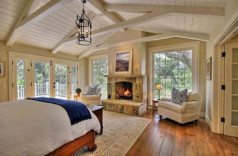 Master bedroom with center fireplace and large picture windows Luxury Bedroom Master Suite, Center Fireplace, 2020 Bedroom, Organized Bedroom, Bedrooms Furniture, Designer Bedrooms, Suite Master, Bedroom Addition, Decorations Bedroom