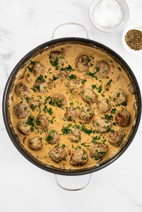 Meatball stroganoff with creamy mushroom sauce. #meatballs #stroganoff Creamy Mushroom Meatballs, Meatballs With Mushroom Sauce, Beef Stroganoff With Meatballs, Stroganoff With Meatballs, Meatball Stroganoff Recipe Easy, Meatball Mushroom, Meatballs Stroganoff, Stroganoff Meatballs, Vleis Geregte