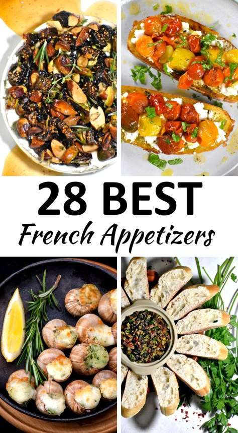 French Catering Ideas, Unique Restaurant Appetizers, French Party Recipes, Fancy French Food, French Appiterzers, Simple French Appetizers, French Inspired Meals, French Cocktail Party Food, Entre Ideas Food