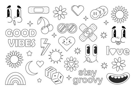 Groovy Elements, 70s Hippie Aesthetic, Flowers Rainbow, Hippie Aesthetic, 70s Aesthetic, Doodle Style, 70s Hippie, Easy Doodles Drawings, Aesthetic Tattoo