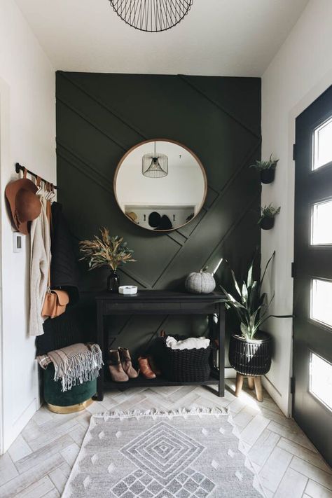 Minimalist Fall Decor, Green Ottoman, Modern Fall Decor, Modern Entryway, Wood Accent Wall, Modern Fall, Floating Shelves Diy, Living Room Green, Modern Home Office