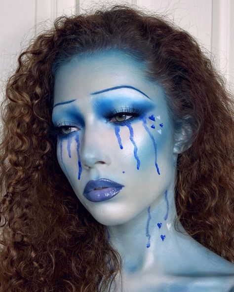 Media Makeup Ideas, Emotions As Makeup, Blue Face Paint Makeup, Blue Makeup Halloween, Mental Health Makeup Looks, Makeup Inspired By Emotions, Water Inspired Makeup, Blue Clown Makeup, Blue Halloween Makeup