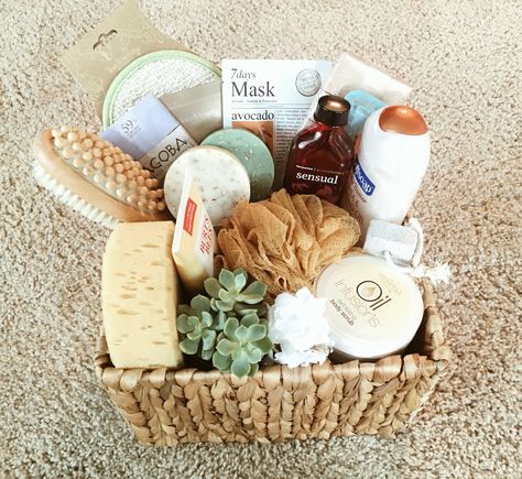 Bridal Shower Gift Basket • Spa basket • Pampering basket • bath gift • diy gift basket Boutique Gift Basket Ideas, Spa Giveaway Basket Ideas, Bridal Shower Self Care Gift Basket, Spa Theme Gift Basket Ideas, Bath Themed Gift Basket, Spa Night Basket Ideas, At Home Spa Gift Basket, Toiletries Gift Basket Ideas, Spa Self Care Gift Basket