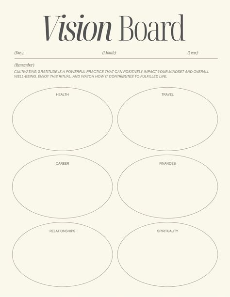 Manifest your dreams and aspirations with our minimalist vision board template in cream. Organize your vision, set your goals, and cultivate gratitude every day. Simplify your visualization process for a more focused and balanced life. Minimalist Vision Board, Goal Setting Vision Board, Grey Minimalist, Vision Board Planner, Vision Board Template, Board Template, Templates Free Design, Manifest Your Dreams, Set Your Goals