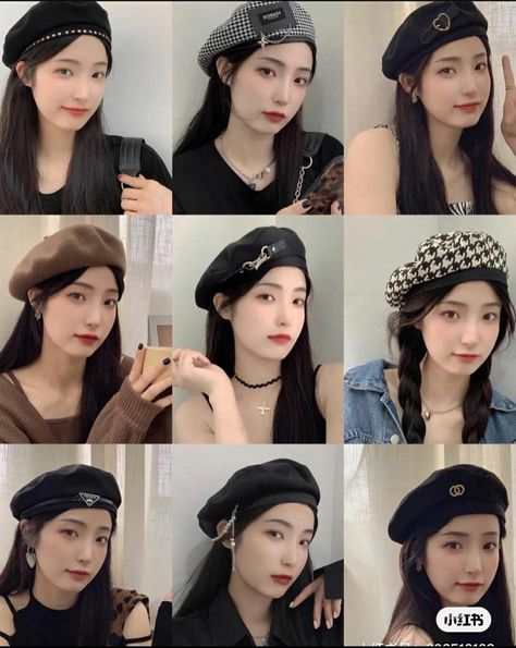 Korean Outfit With Beret Hat, Hairstyles With Beret Hats, Berrets Outfits Aesthetic, Korean Hat Outfit, Hairstyle With Beret, Beret Hat Hairstyles, Beret Hat Outfit Korean, Outfits With Beret Hats, Baret Hat Outfit