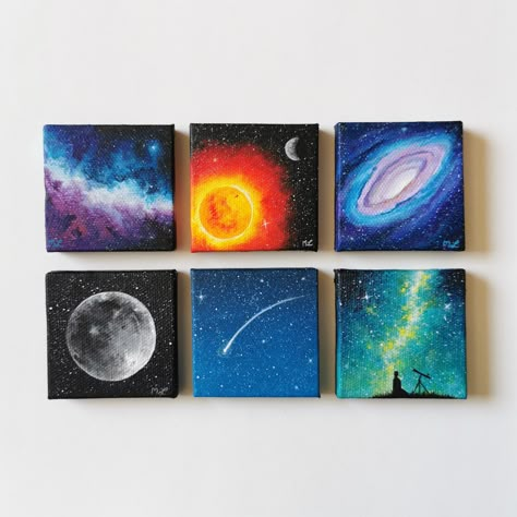 I enjoy painting tiny space themed art these are 2x2 inches Burned Canvas Art, Space Art Acrylic, Space Painting Aesthetic, Canvas Painting Ideas Space, Tiny Acrylic Painting Mini Canvas, Painting Ideas On Canvas Space, Space Painting Ideas On Canvas, Space Painting Ideas Easy, Space Aesthetic Painting