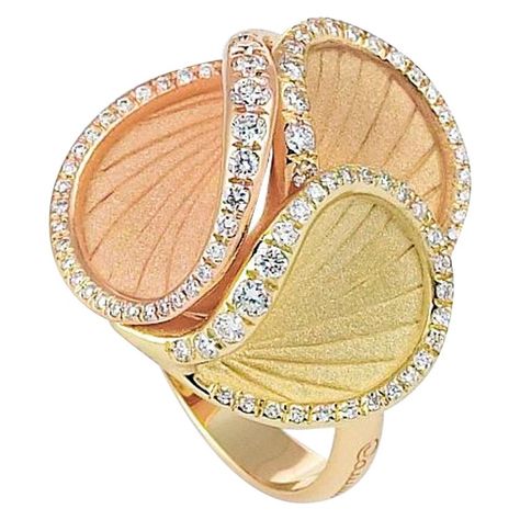 Annamaria Cammilli "Musa" Ring with Diamonds in Three Colors of 18 Karat Gold | From a unique collection of vintage Cocktail Rings at https://www.1stdibs.com/jewelry/rings/cocktail-rings/. Annamaria Cammilli, Yellow Sunrise, Apricot Orange, Gold Flower Ring, Champagne Pink, Vintage Cocktail Ring, Vintage Cocktail, Bling Rings, Diamond Flower