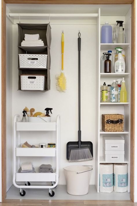 6 Smarter (and Safer) Ways to Store Your Cleaning Supplies Cleaning Tools Storage Small Spaces, Closet Organization For Cleaning Supplies, Cleaning Supply Storage Closet, Organising Cleaning Products, Clean Supplies Organization, Ikea Cleaning Closet Organization, Laundry Room Ideas Cleaning Supplies, Cleaners Organization Ideas, Where To Put Cleaning Supplies